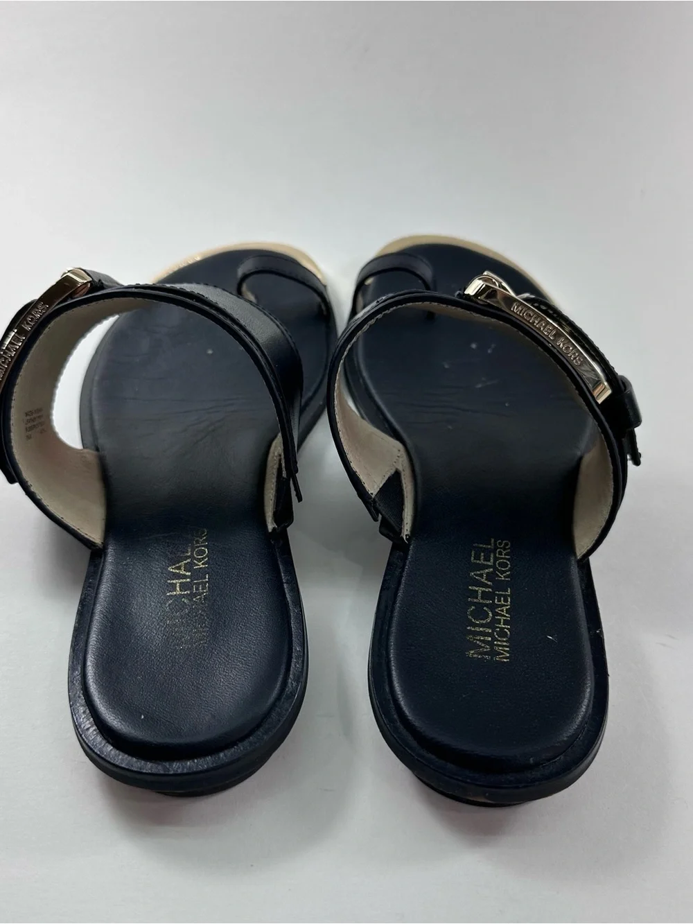 MICHAEL Michael Kors Black Leather Buckle Toe-Ring Slides with Gold Trim